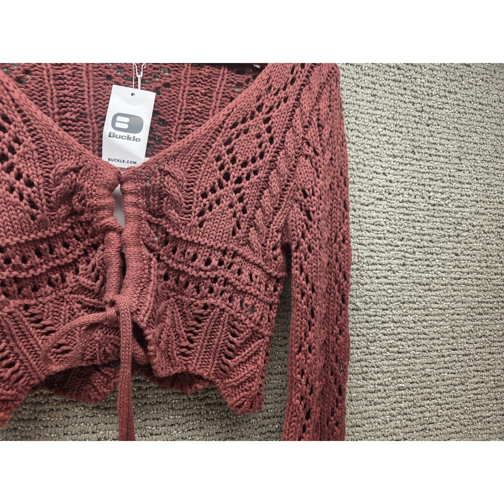 Emory Park Chocolate Pointelle Tie Front Cropped Cardigan Small NEW Buckle - Picture 2 of 9